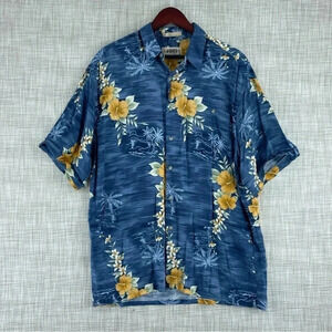 Campia Mens Size L short sleeve hawaiian shirt rayon blue floral 1904